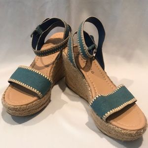 Ladies denim blue wedge sandals size 8.5